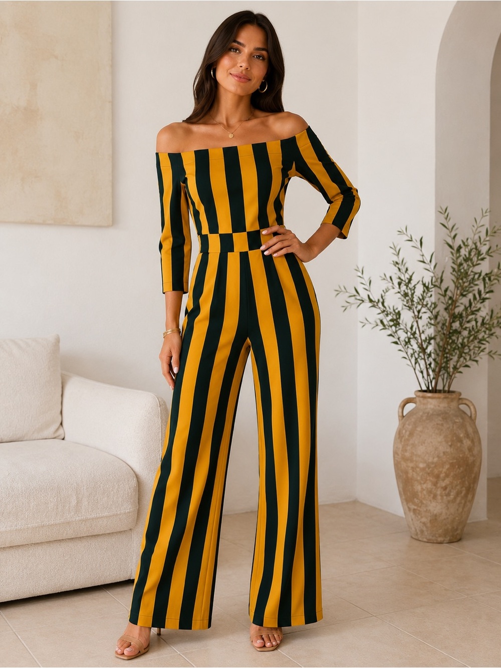 Off-Shoulder Wide-Leg Jumpsuit in Yellow & Black Stripe